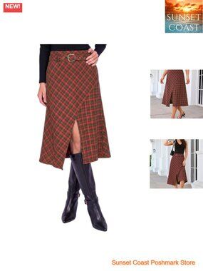 Plaid Midi Skirt High Waist A-Line with Belt Asymmetrical Hem Wrap Front Slit